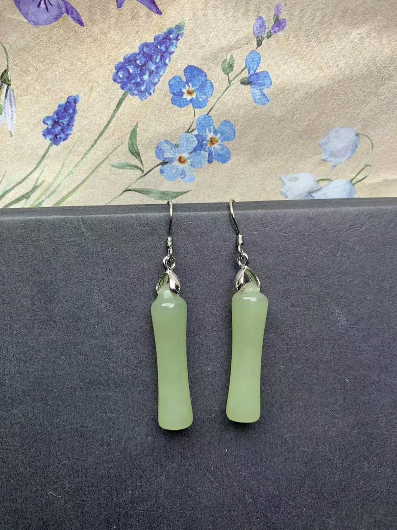 天然和田玉耳饰高端竹节S925纯银耳环经典雕刻复古女旗袍F27