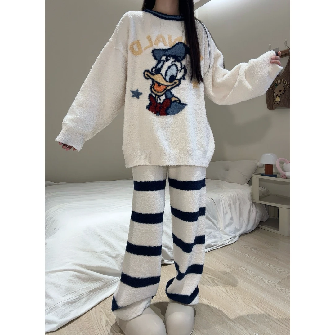 甜美可爱唐老鸭半边绒睡衣女秋冬款加绒长袖长裤家居服套装可外穿