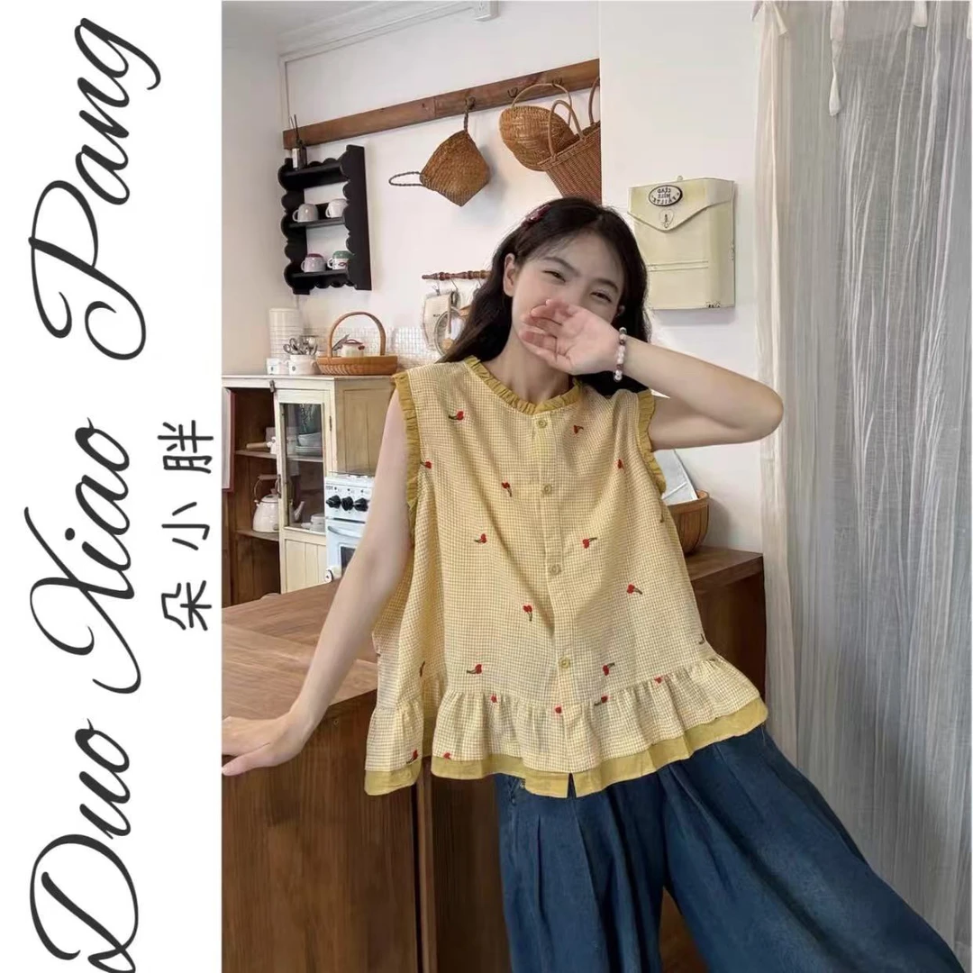 加大码2025春季新款日系文艺复古宽松休闲百搭格子无袖背心女9245