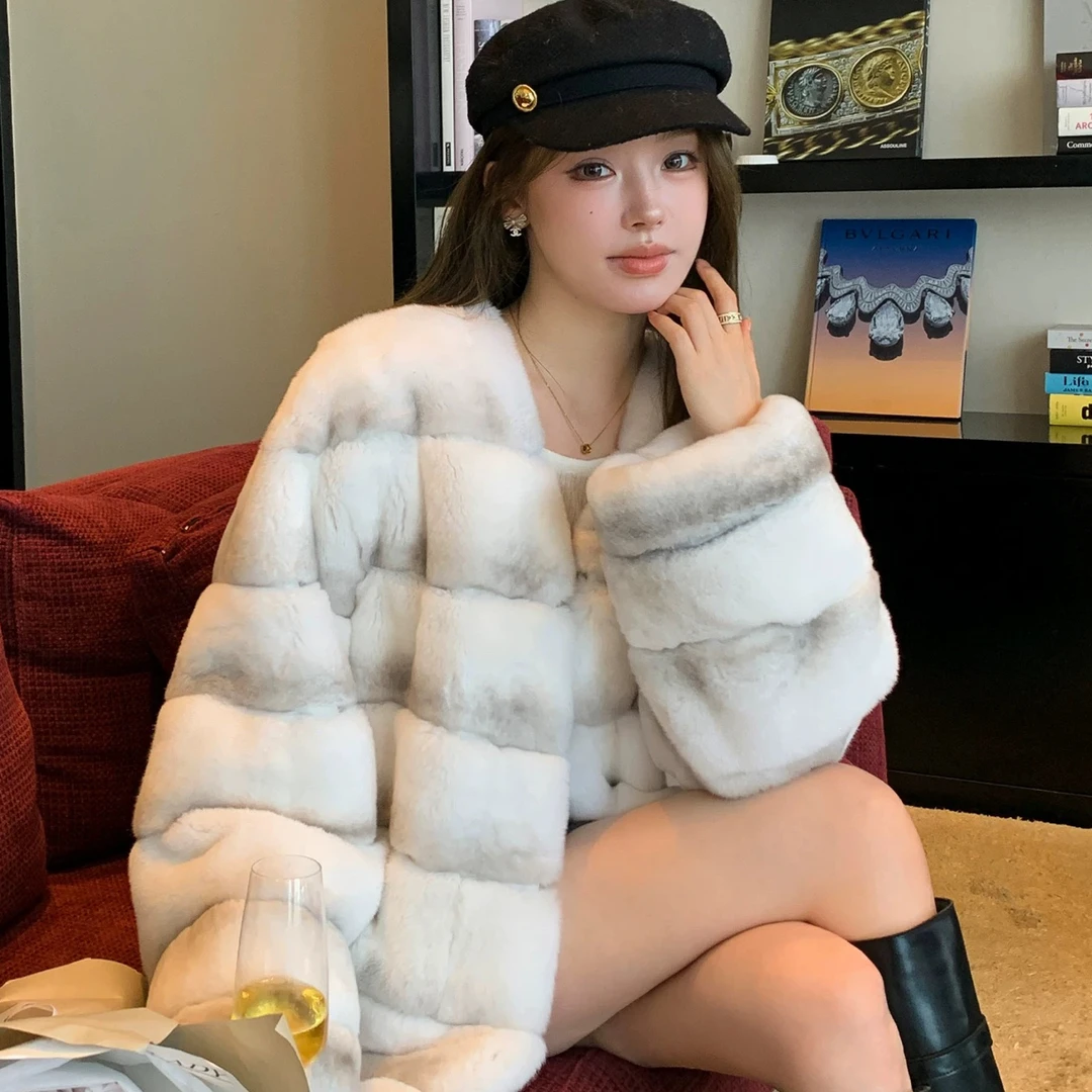 整皮獭兔龙猫款外套女中长款皮草大衣显瘦高级