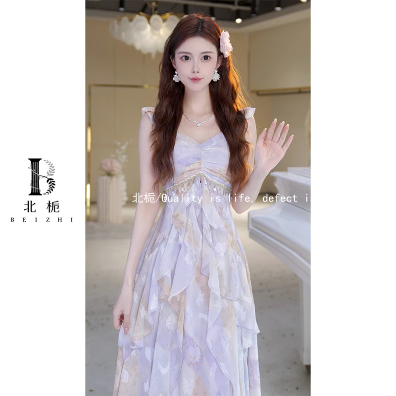 【北栀】【紫色风铃】荷叶边碎花吊带连衣裙814315