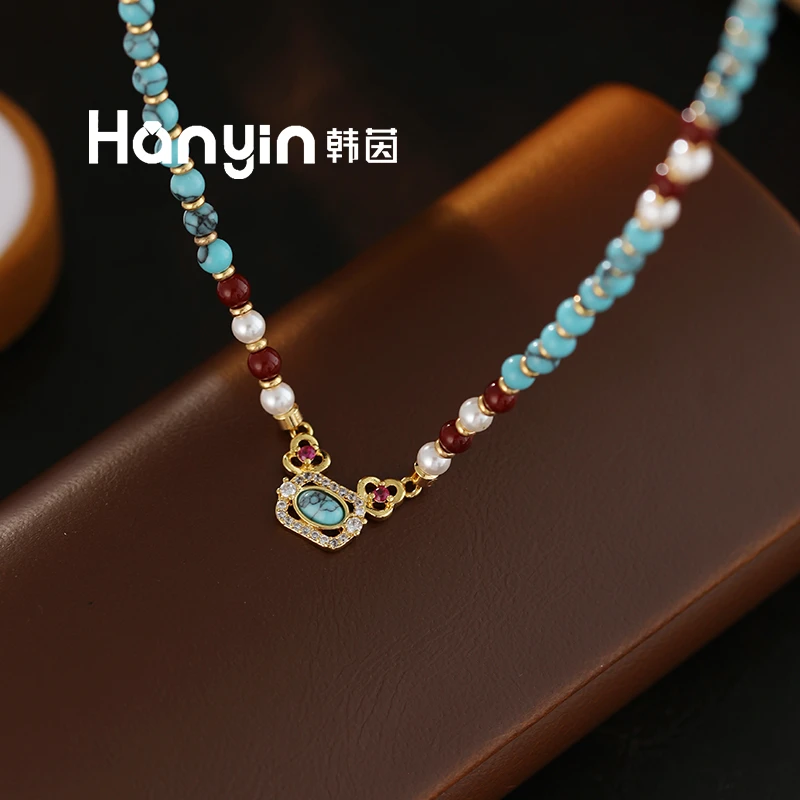 铜合金仿珍珠项链 高级纹理复古绿新中式原创设计方形吊坠项链