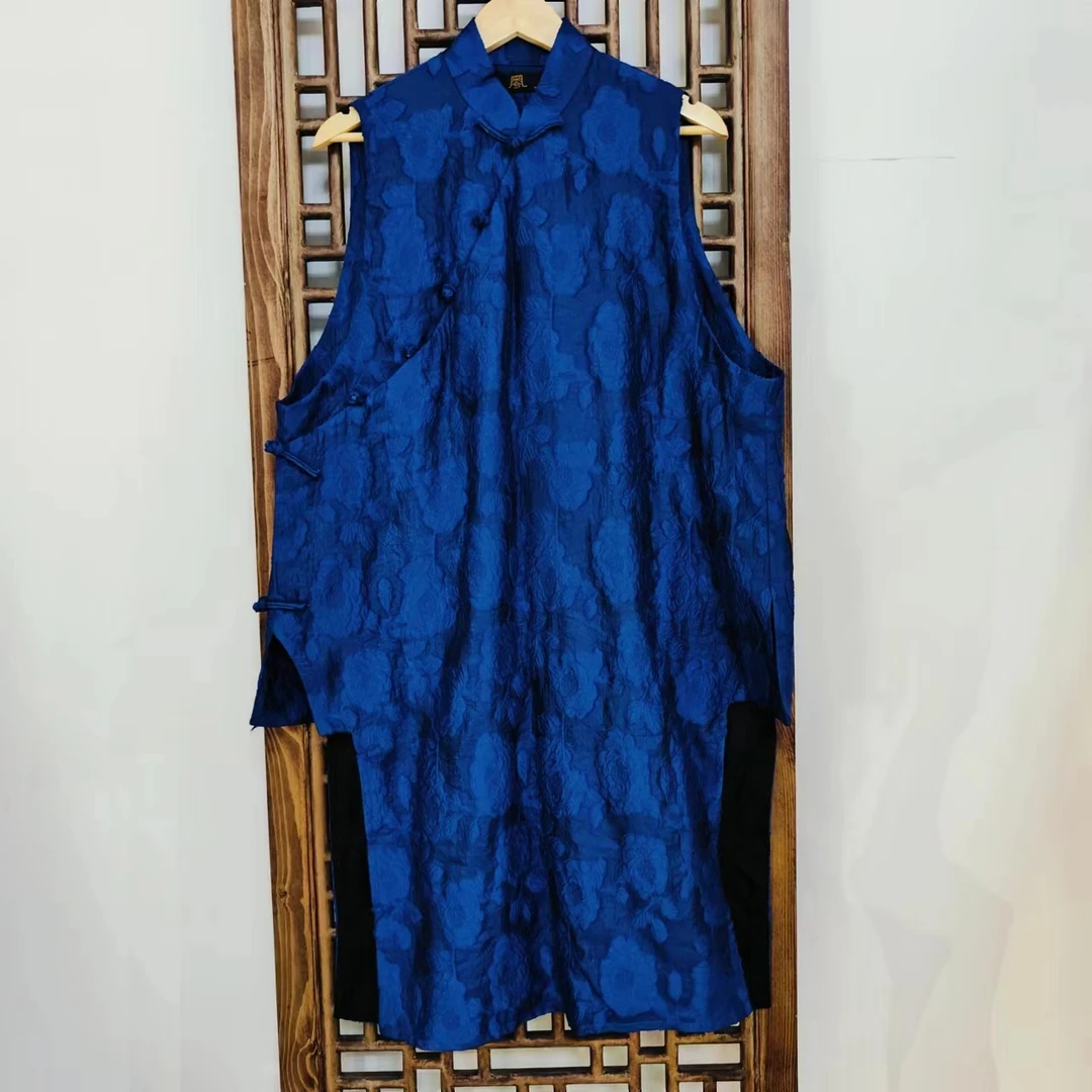 凤徕兮私人定制蓝色提花斜襟小立领盘扣马甲LS152-1