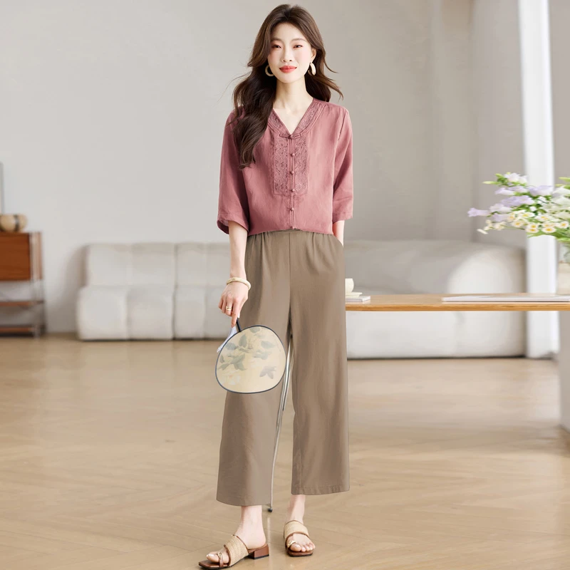 高端苎麻套装女2025夏季新款时尚洋气中年妈妈休闲棉麻减龄两件套