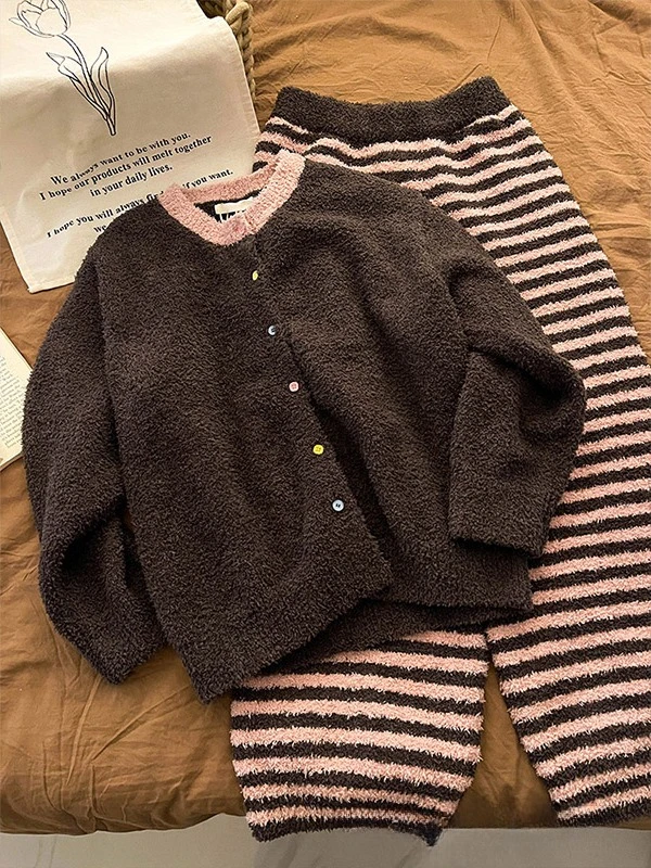 韩版甜美撞色半边绒睡衣女冬2025年新款加厚保暖开衫家居服两件套