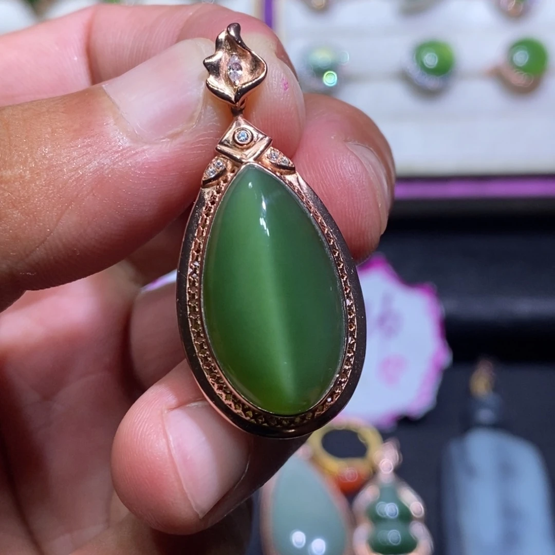 吊坠(不含链)银S925镶嵌和田玉（碧玉）
