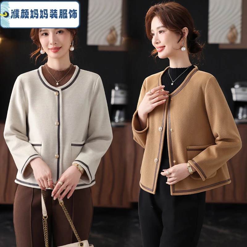 小个子妈妈春装短款双面呢外套女2025新款中老年人毛呢大衣春秋款