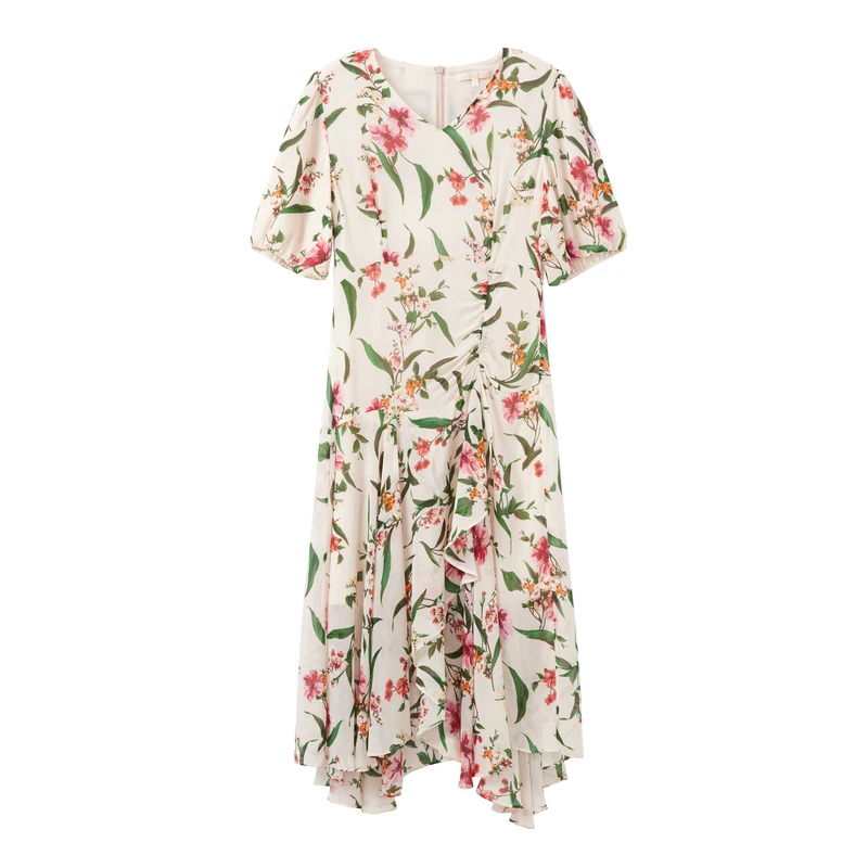 dunnu敦奴荷叶边桑蚕丝印花连衣裙DR150905