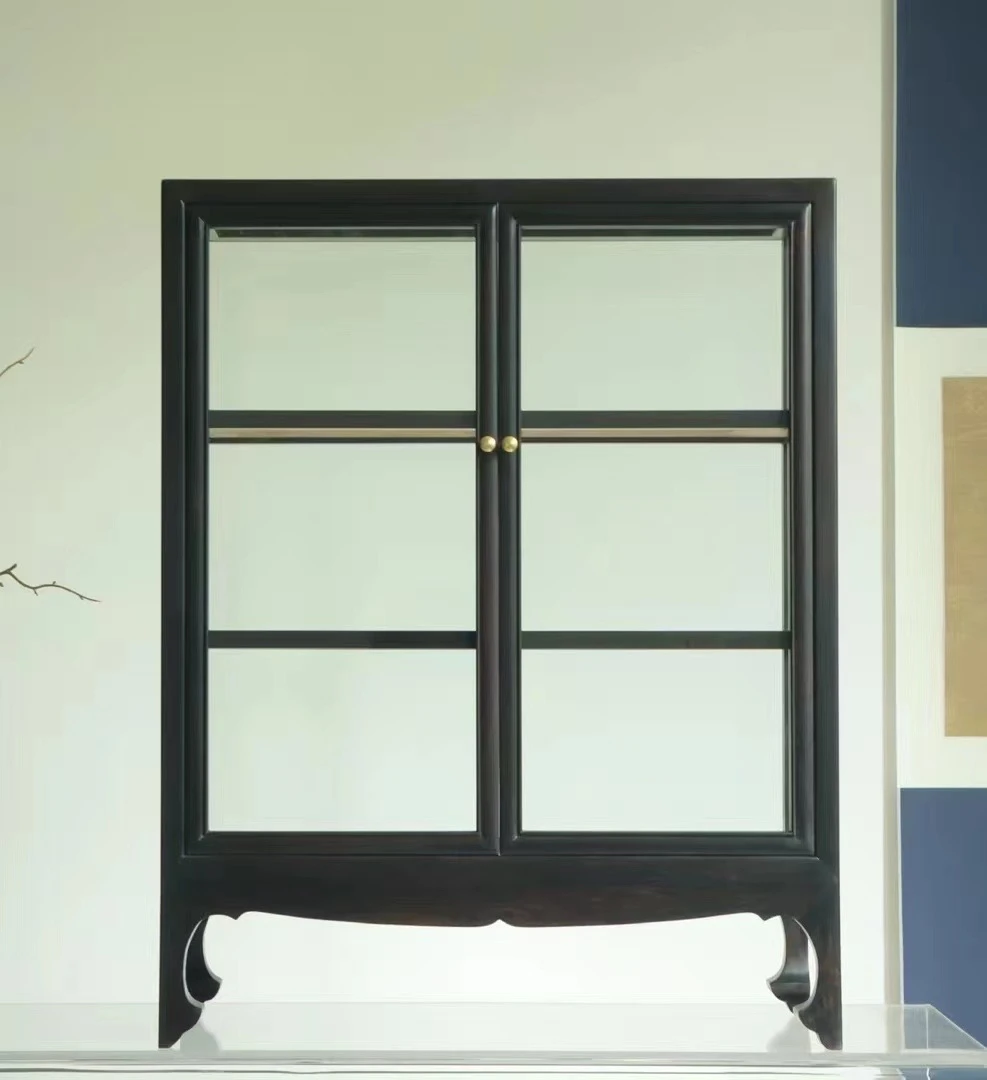 奢侈品紫光檀嵌金丝楠独板玻璃柜高端黑酸枝置物柜红木家具文玩柜