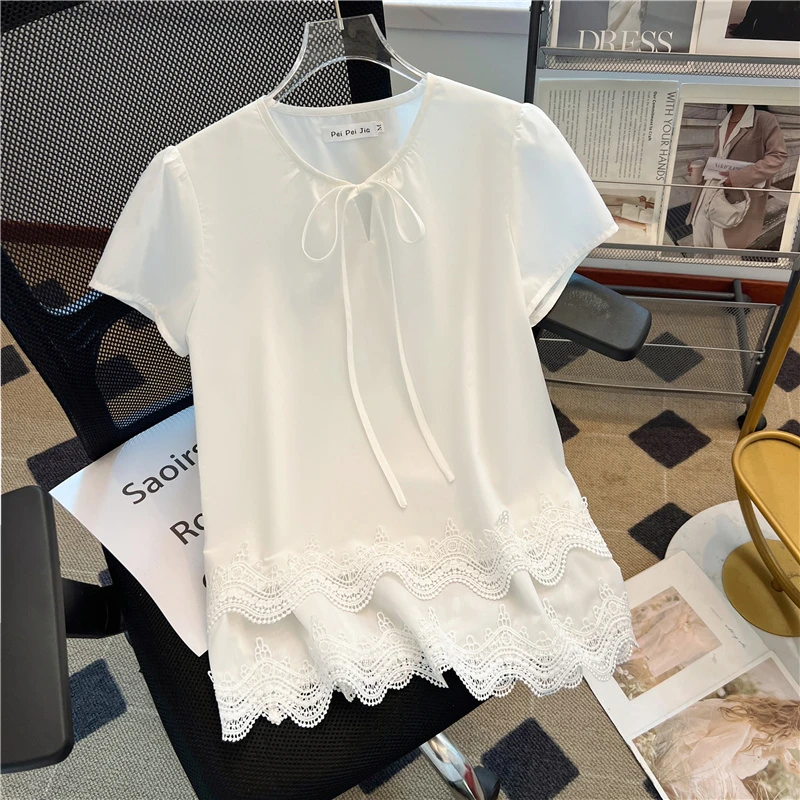 法式甜美蕾丝花边白色短袖衬衫女T恤夏独特绝美小众气质宽松上衣