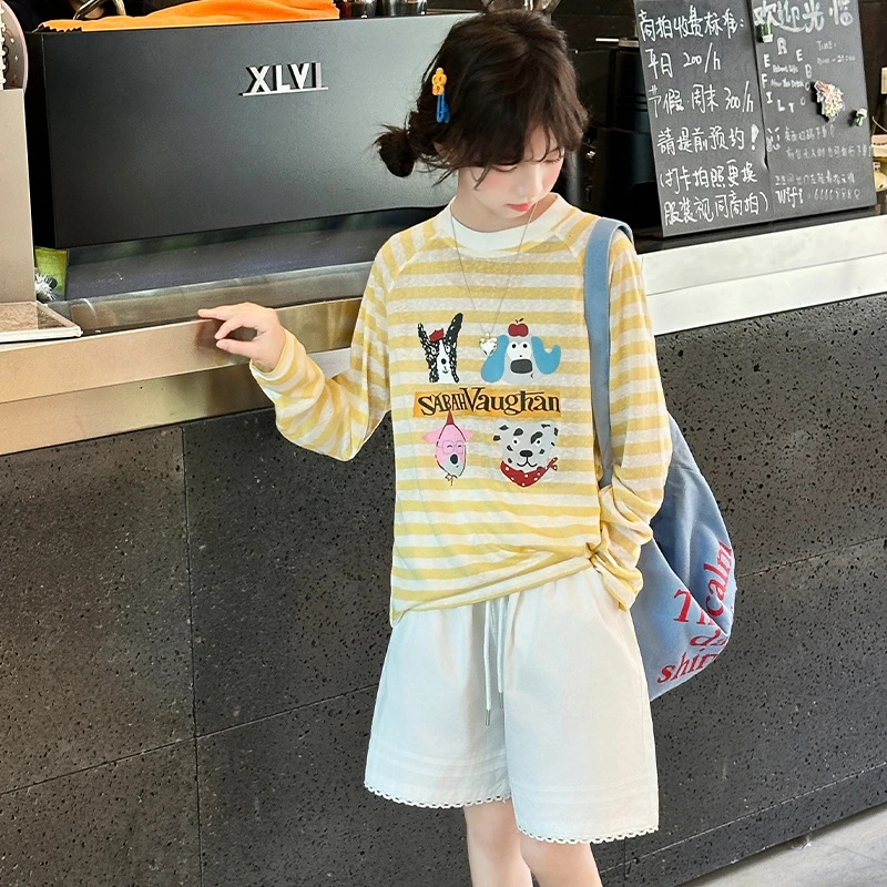 女童夏季长袖套装2025新款儿童洋气防晒罩衫中大童条纹美式两件套