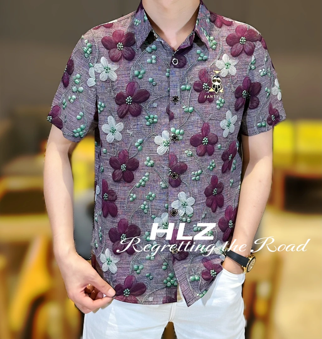 2025夏季新款男士时尚休闲薄款个性花朵图案纽扣款翻领短袖衬衫