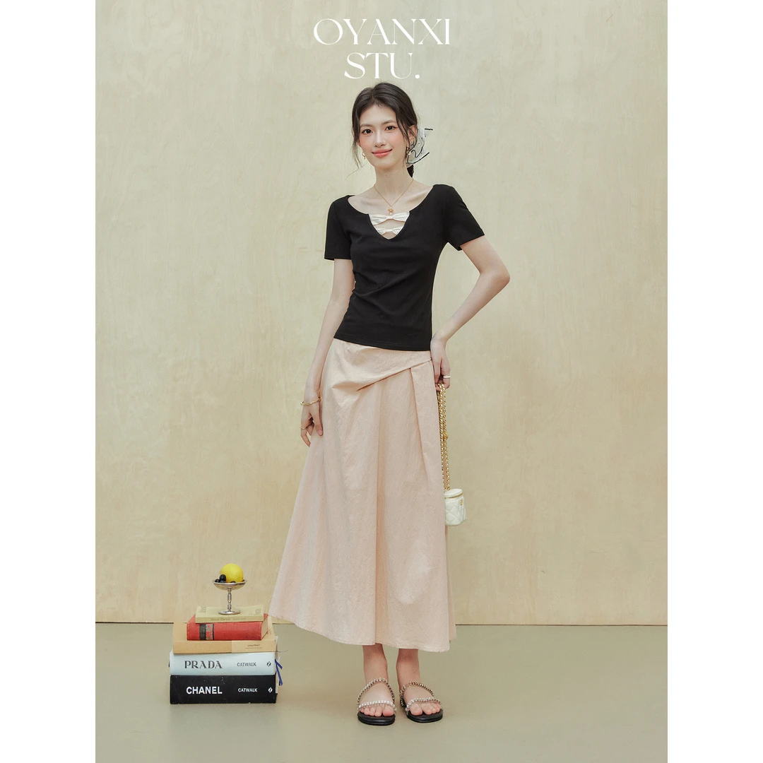万万【清清】芭蕾少女黑色短袖T恤女夏2025夏季新款设计感收腰上衣