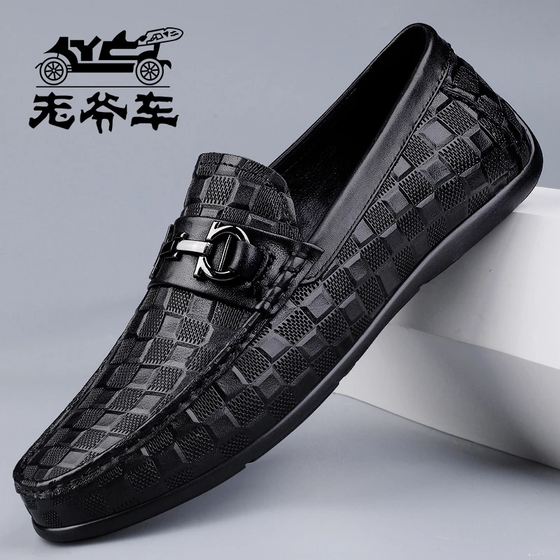 老爷车夏季轻奢男士休闲皮鞋一脚蹬软底时尚豆豆鞋真皮商务男鞋