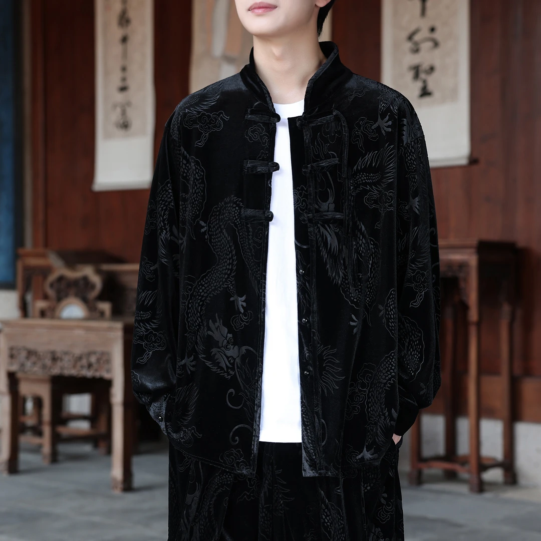 中国风龙纹提花金丝绒外套男复古潮牌唐装新中式立领中山装夹克潮
