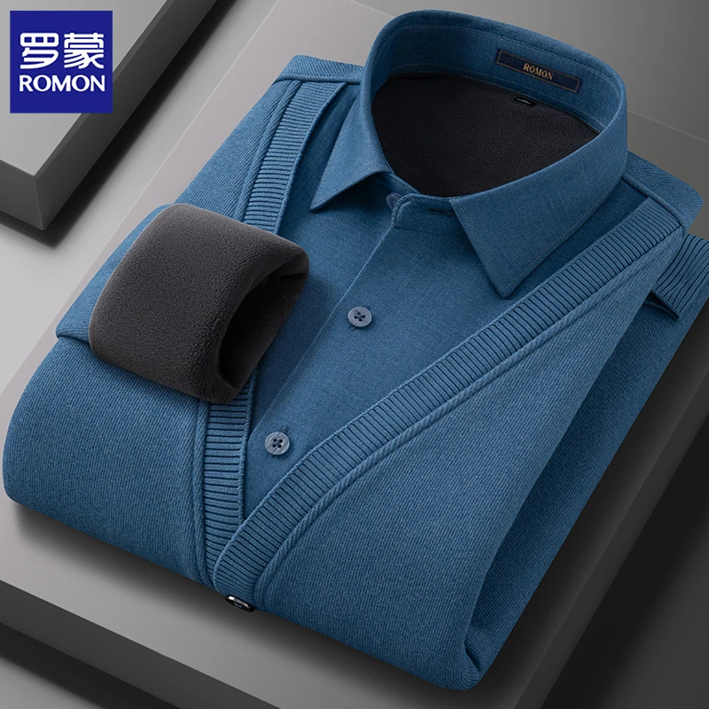 罗蒙假两件男士含羊毛加绒加厚针织衫冬季保暖衬衣男商务打底毛衣