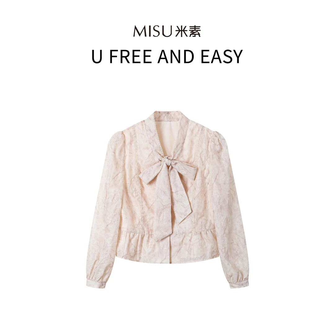 MISU米素法式长袖百搭气质时尚优雅系带雪纺衫上衣124C010