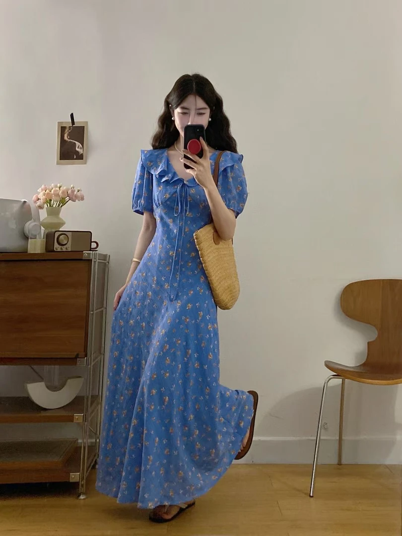 橙子家V领雪纺裙