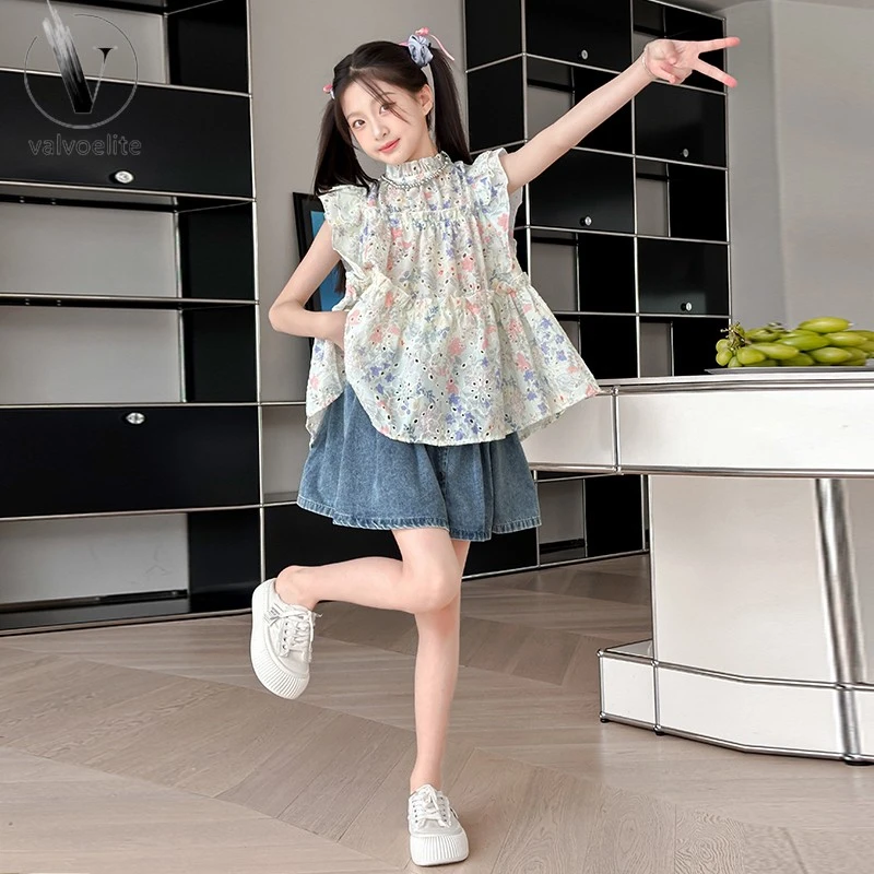 VALVOELITE女童夏季套装新款大童夏装韩系上衣儿童休闲牛仔百褶裙