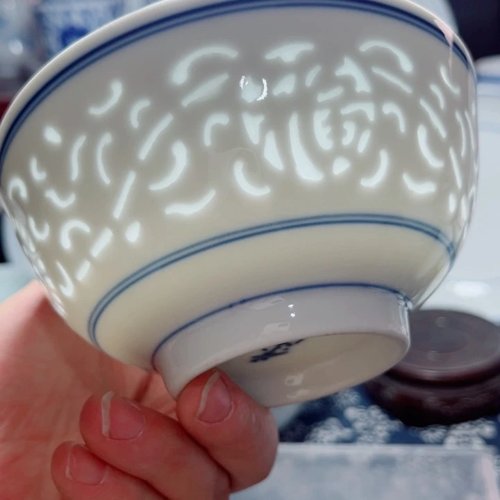 青花玲珑5寸饭碗满雕双福双线