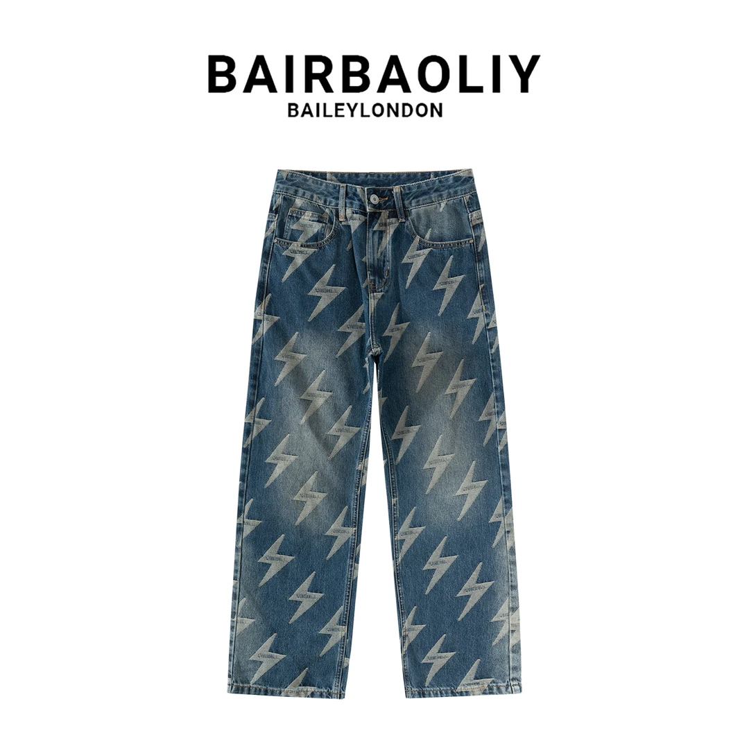 BAIRBAOLIY潮牌美式闪电纹牛仔裤秋冬新款直筒潮酷痞帅高级感长裤