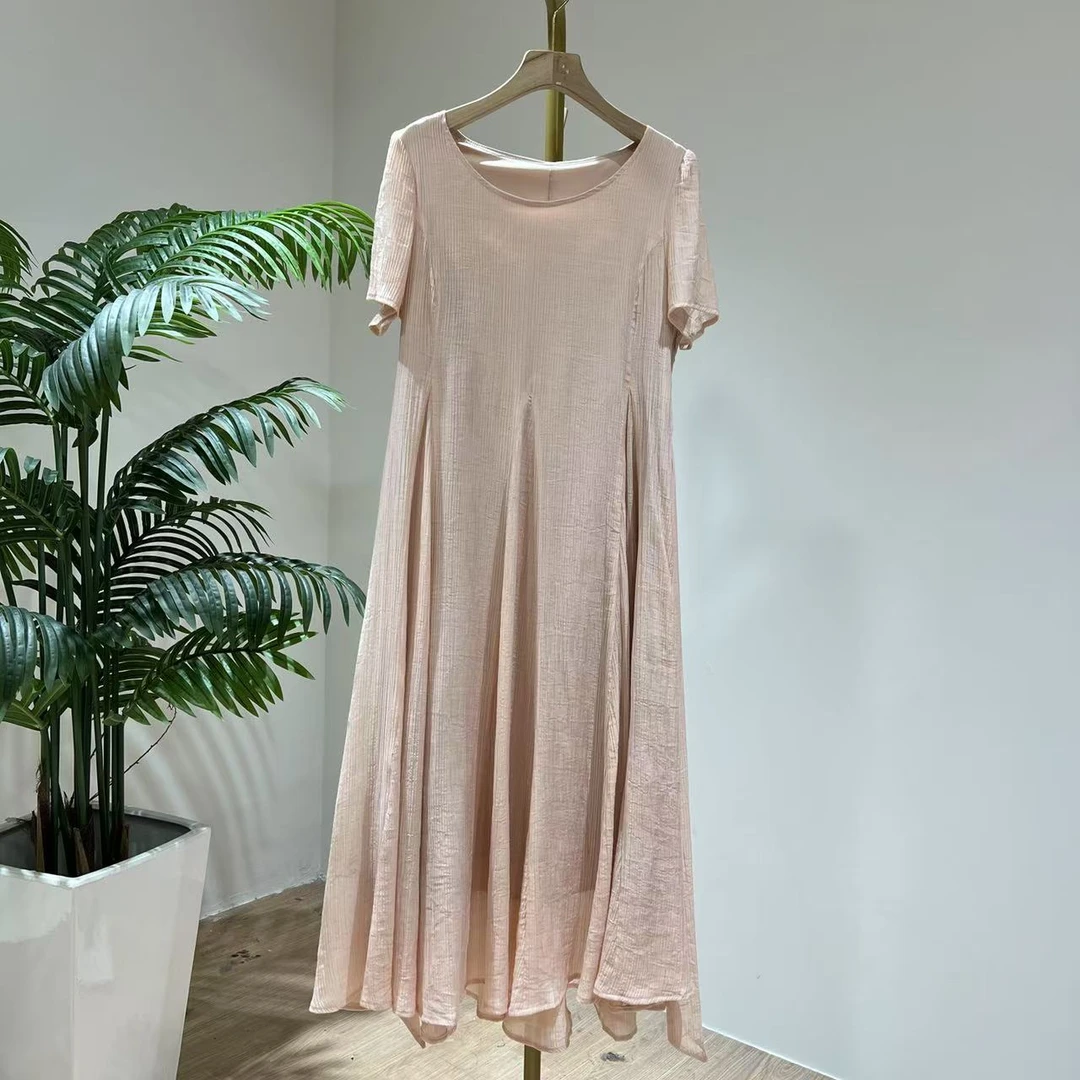 C1590复古圆领收腰显瘦连衣裙2025夏新款极简风时尚短袖女装