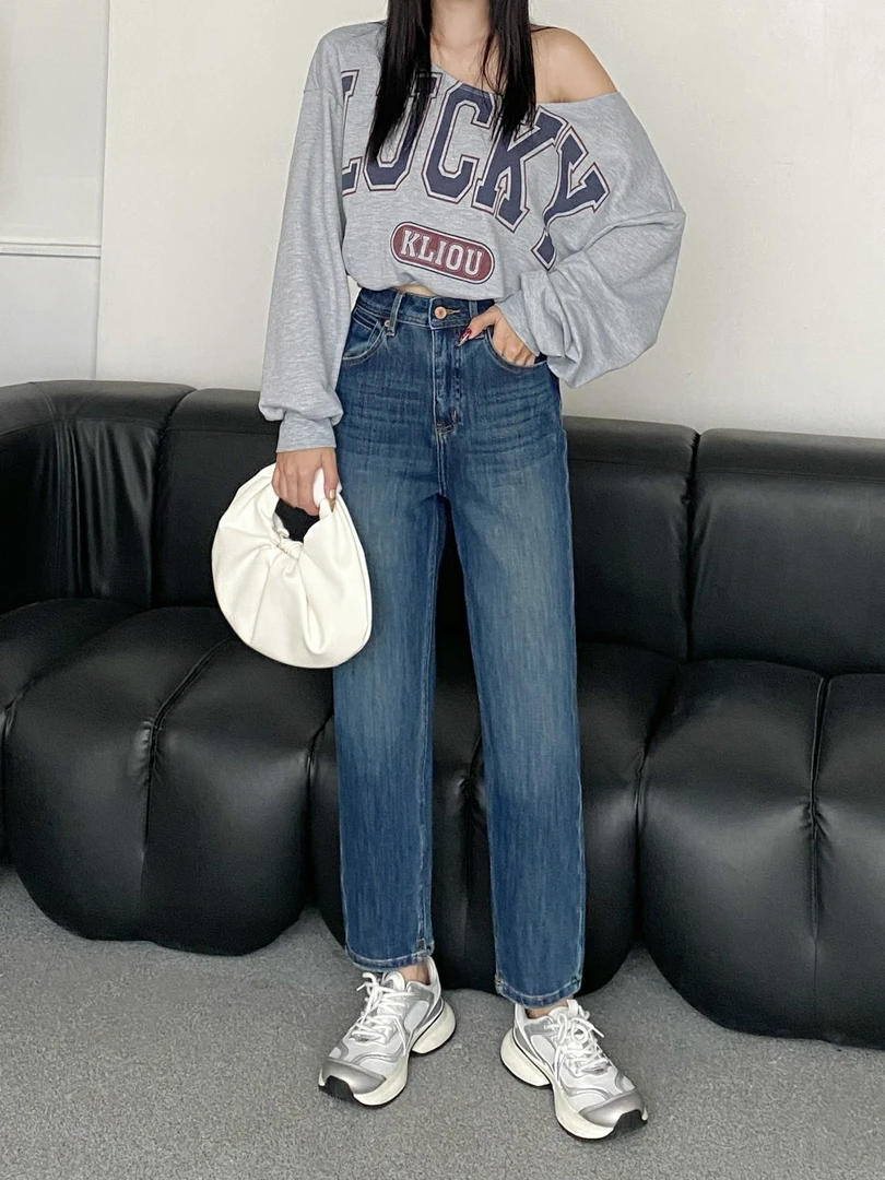秋季新款蓝色中高腰直筒烟管牛仔裤女四面弹力显瘦百搭小个子长裤