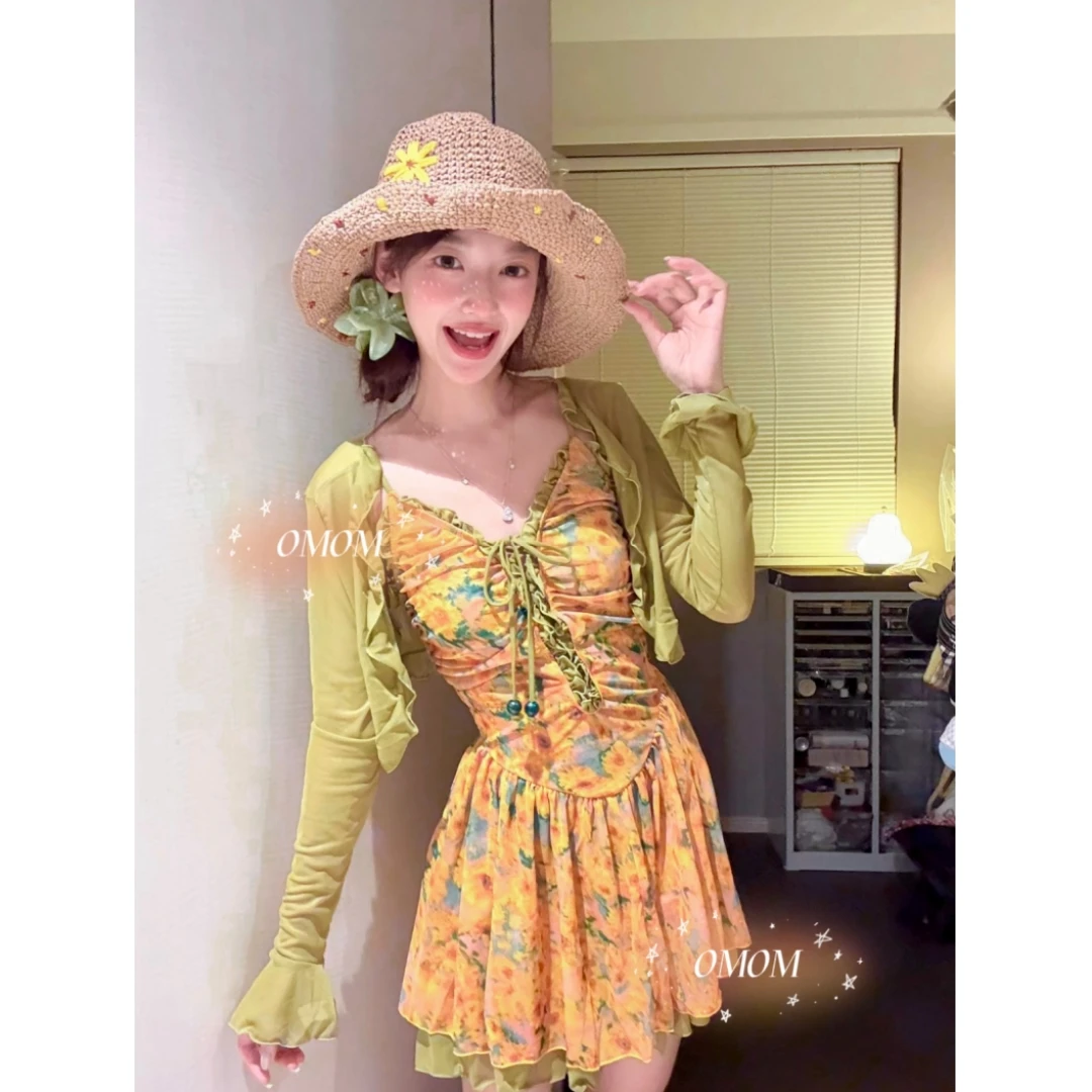 【向日葵】复古印花裙式泳衣撞色绑带V领显瘦温泉海边度假泳装5159