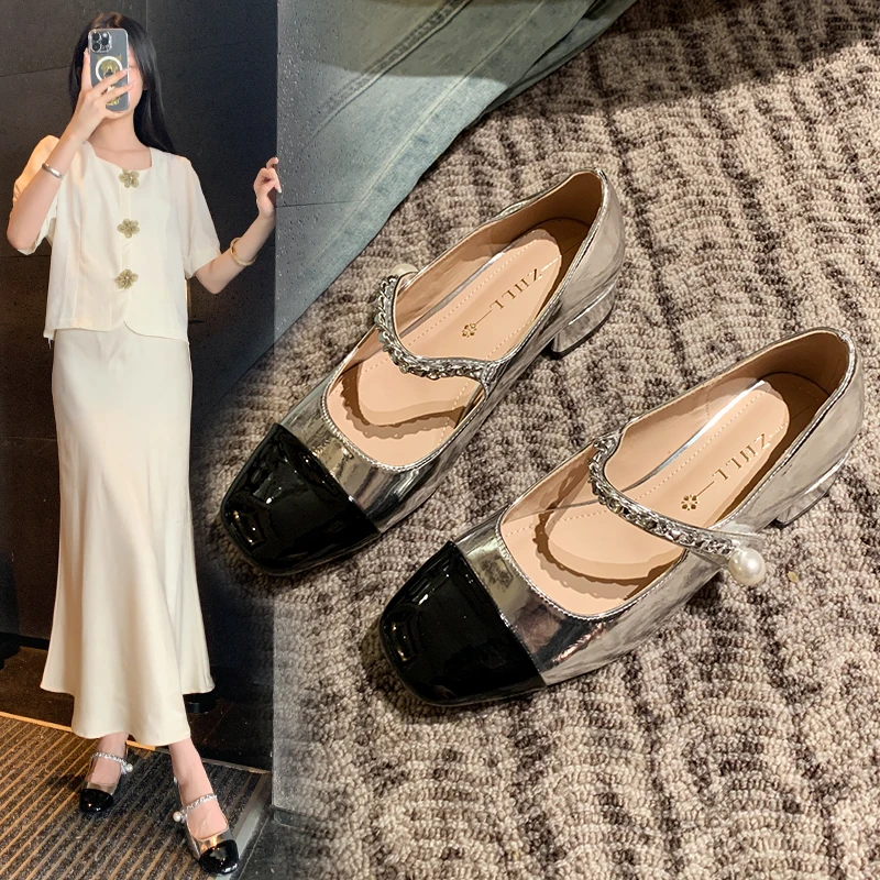 秋季新款法式一字带方头浅口方跟玛丽珍加宽大码鞋女