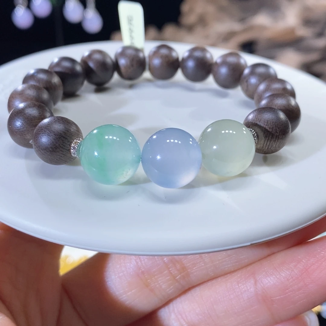 翡翠未镶嵌颈饰翡翠高冰三彩圆珠手串12+mm