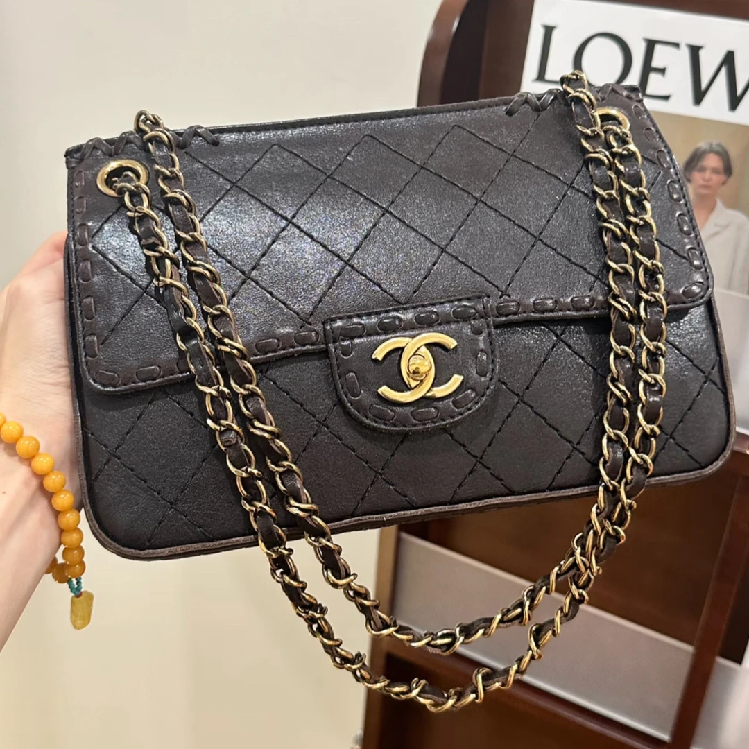 95新 Chanel/香奈儿 巧克力色外缝线牛皮cf 卡标齐 51364