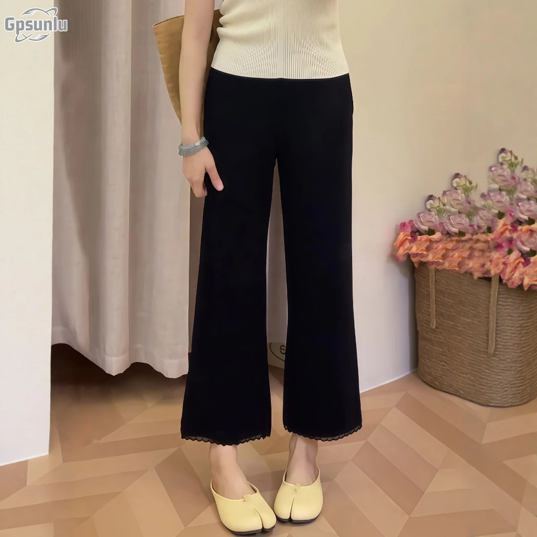 gpsunlu黑色微喇叭裤女夏薄款高腰显瘦黑色高腰弹力微喇西装裤