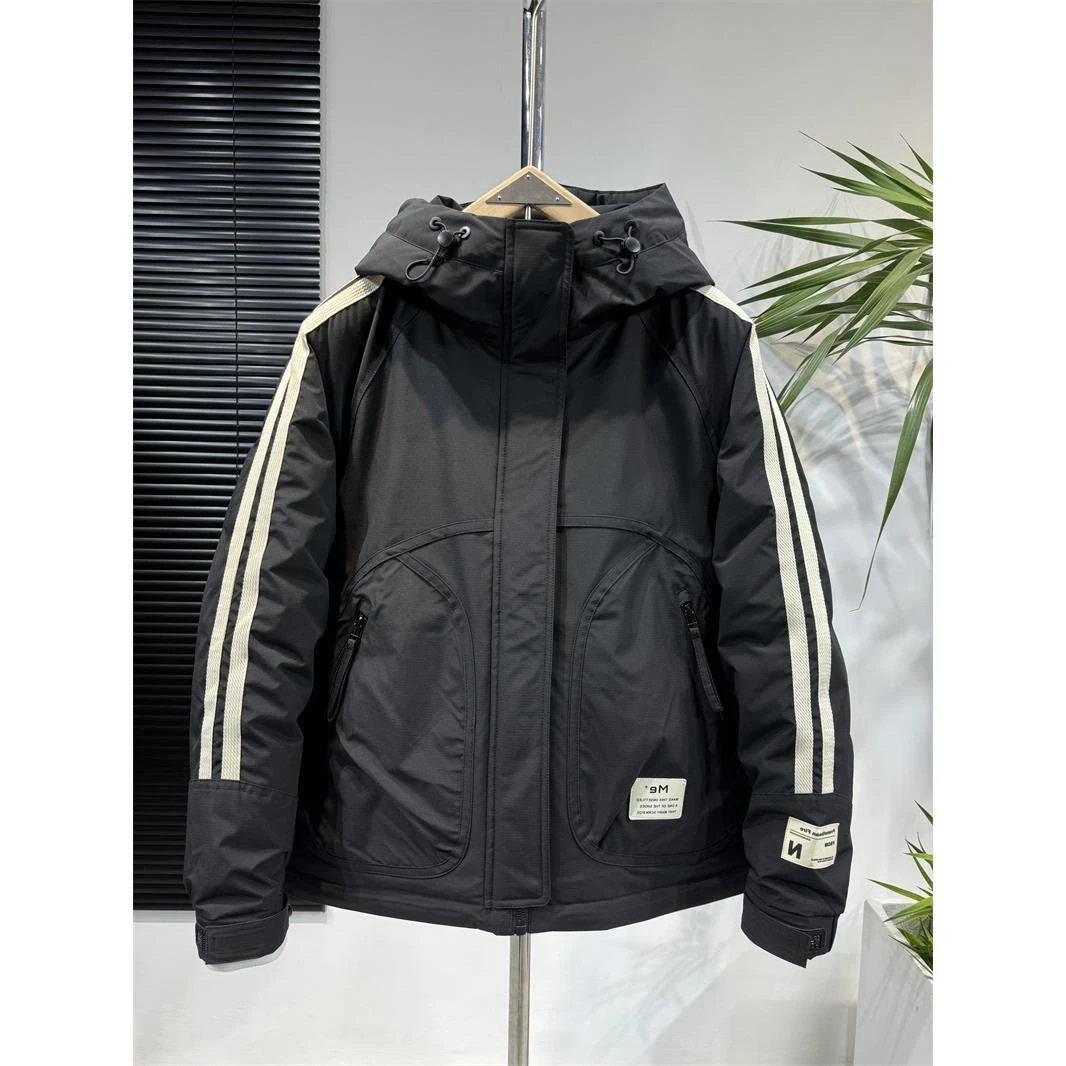 灏吉弧冬季条纹连帽羽绒服男士潮流百搭防风保暖上衣白鸭绒外套