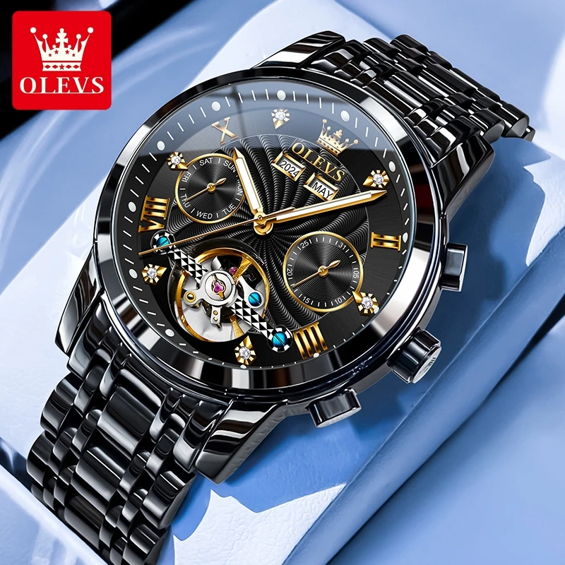 瑞士欧利时正品黑武士男士手表男款全自动机械表镂空防水商务腕表