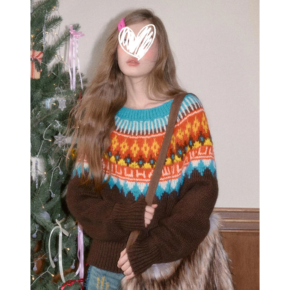 冬日费尔岛圣诞毛衣氛围感针织上衣新款提花斜肩长袖打底女01723