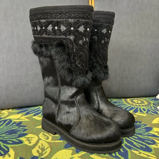 乌勒优选女士【高筒女款黑色】马皮羊皮毛一体高帮保暖东北内蒙古