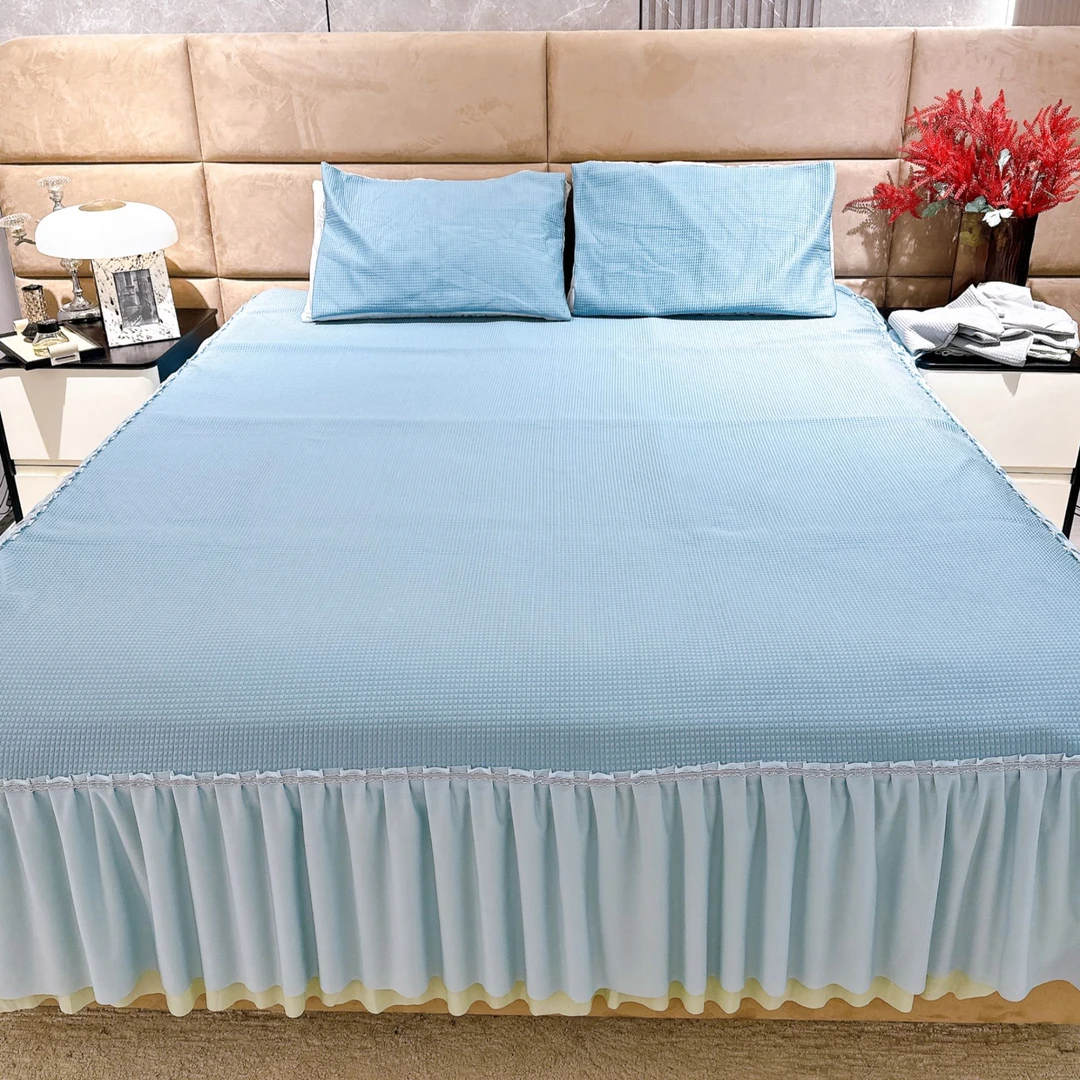 【暖宿】冰豆豆素色床裙款软凉席三件套 凉爽透气亲肤舒适