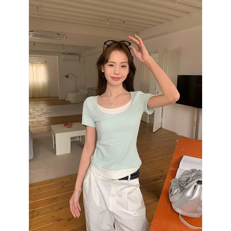 【饼干推荐】假两件正肩短袖t恤女拼接修身设计XH0080
