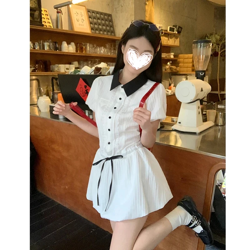 白色衬衫连衣裙女夏季气质收腰显瘦带内衬学院风短裙女