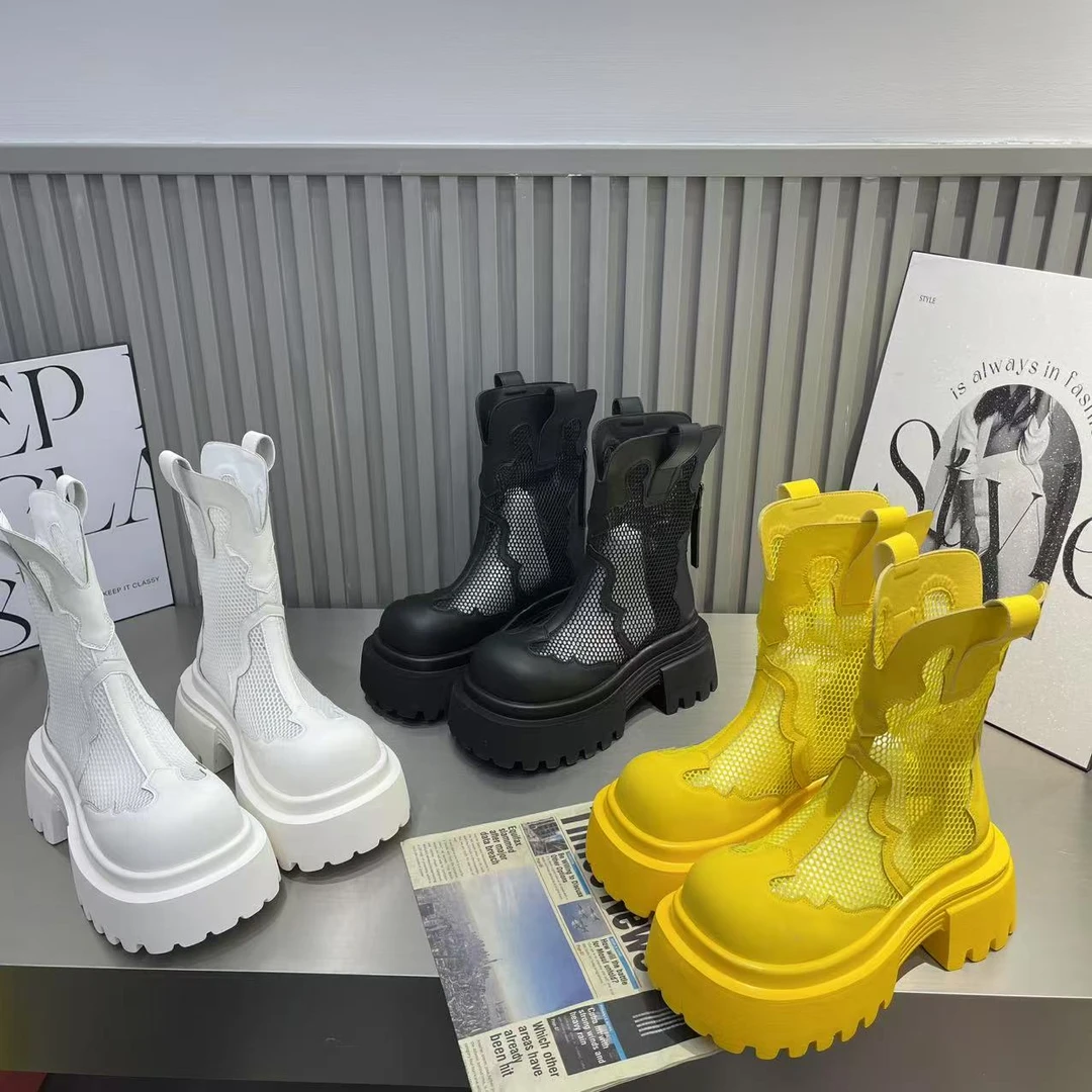 复古松糕底马丁靴2025夏季新款厚底透气网靴小个子增高时尚镂空女