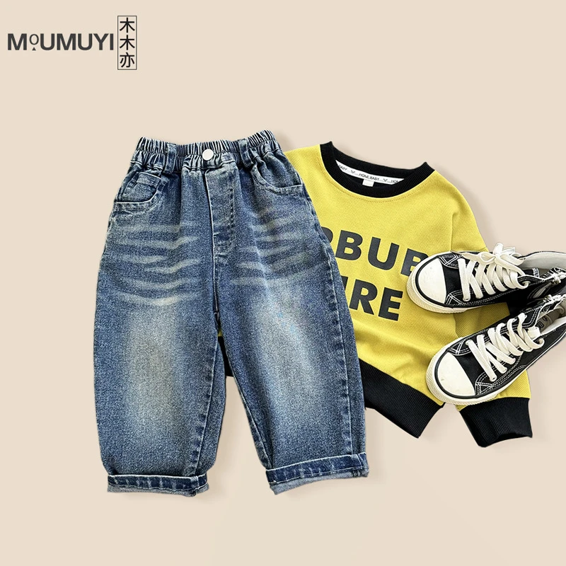 男童字母牛仔裤2025春秋新款儿童男宝宝韩版长裤中小童春季童裤潮