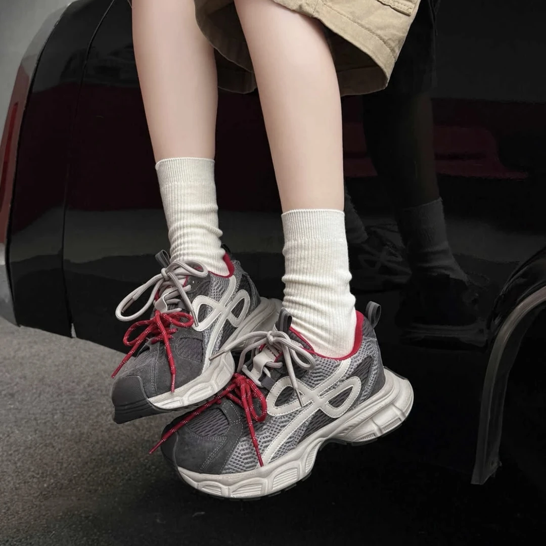 欧货厚底网面真皮老爹鞋女2025秋新款系带增高轻便舒适运动休闲鞋
