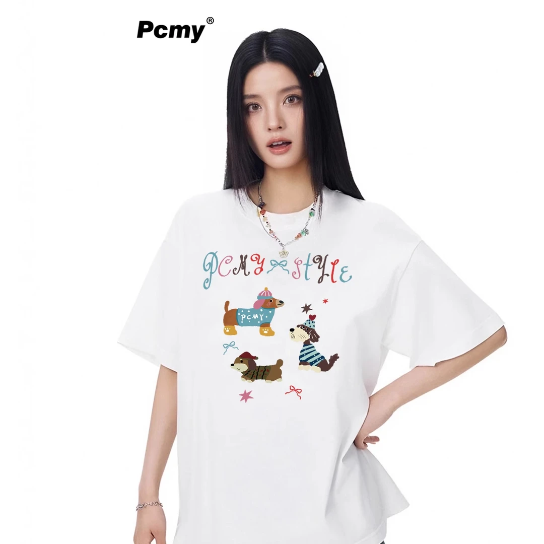 PCMY潮牌呆萌小狗短袖T恤女2025夏季新款圆领百搭上衣宽松情侣装