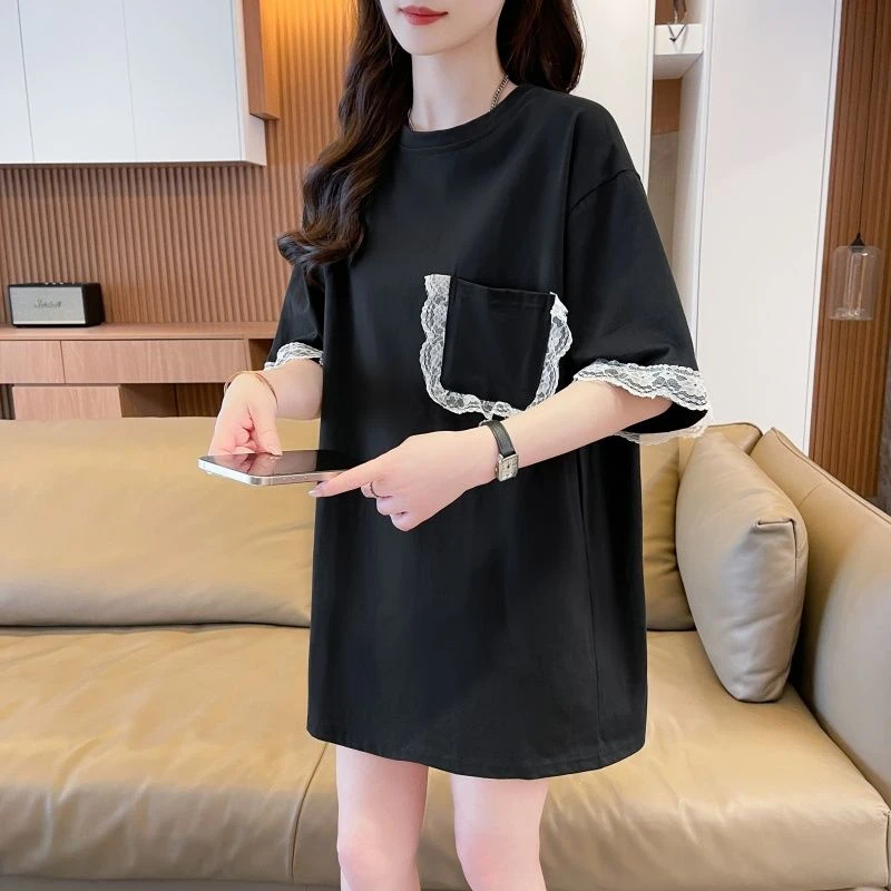 2025新款蕾丝拼接纯棉短袖t恤女夏季大码宽松中长款百搭显瘦上衣