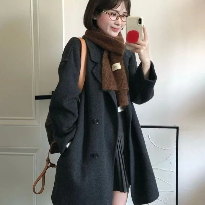双面加厚女款长羊毛西装款大衣秋冬时尚韩版双排扣OL赫本风外套