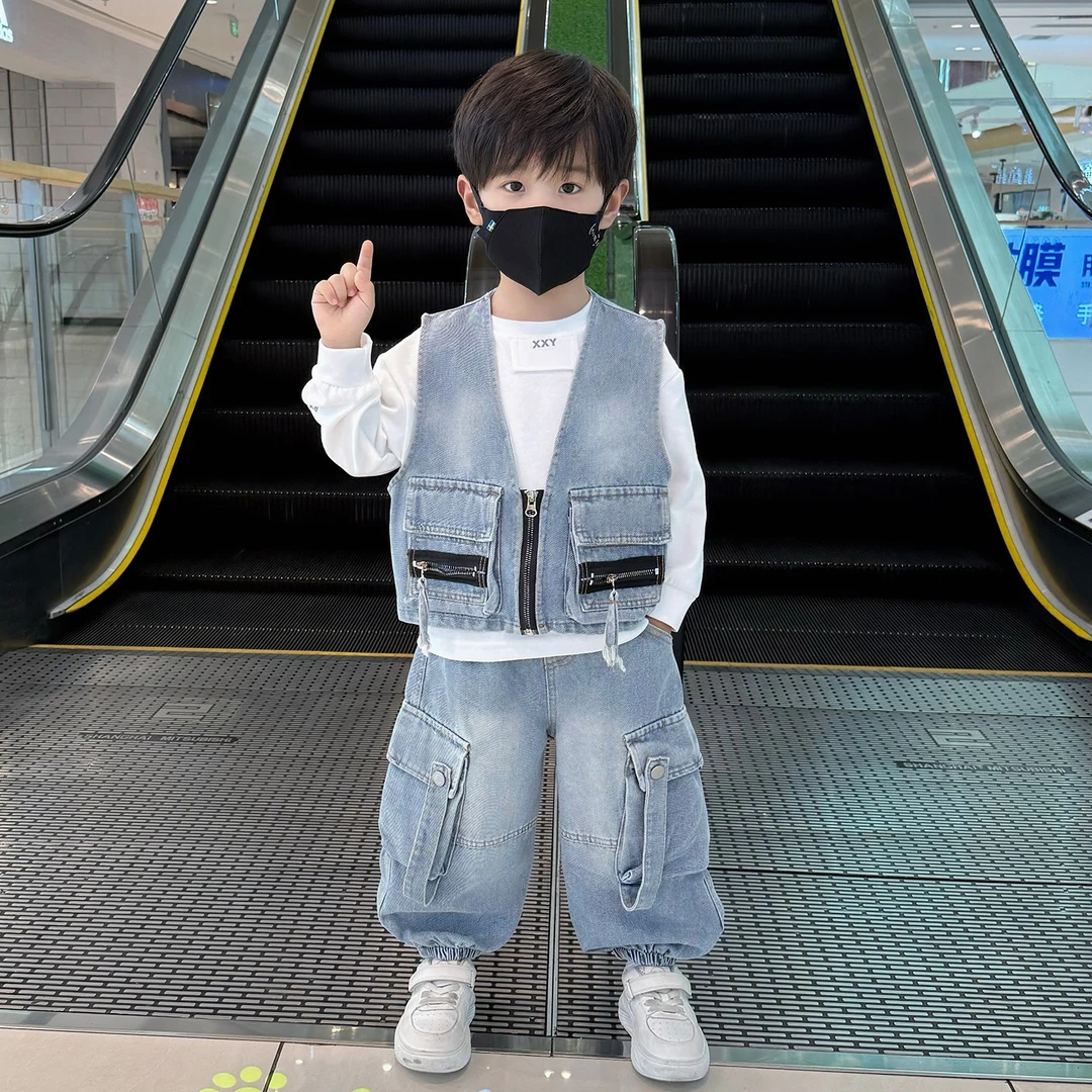 男童秋装衣服2025新款儿童马甲套装男孩春秋季帅气宝宝牛仔三件套