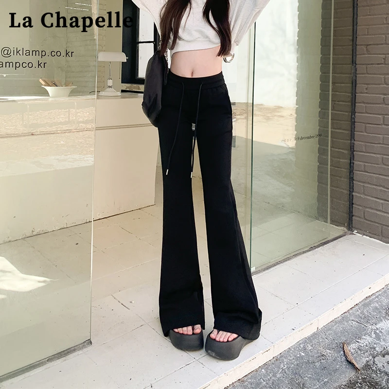 拉夏贝尔黑色微喇卫裤女2025新款高腰显瘦宽松百搭休闲运动喇叭裤