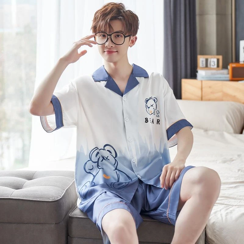 FAVMARTHA睡衣男冰丝夏季短袖薄款青少年初中生男孩大童卡通开衫