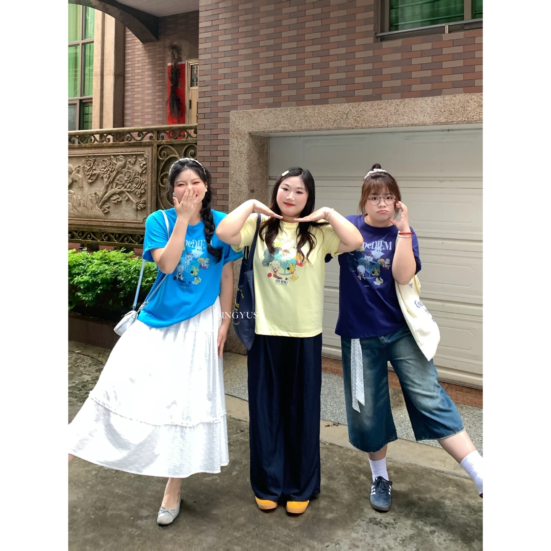 青屿衫-卡通印花正肩短袖圆领上衣微胖显瘦大码女装春夏insT恤女