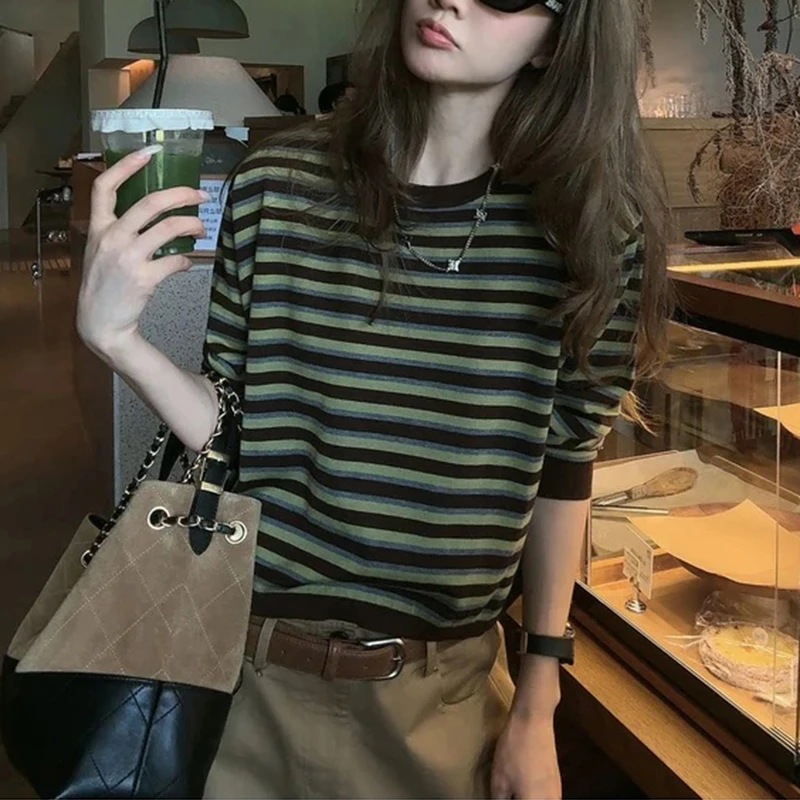 长袖针织衫女春秋宽松显瘦百搭基础内搭套头撞色条纹洋气打底上衣